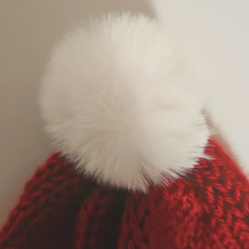 Hand Crafted Kids Festive Red Green Knit  Gnome Hat Faux Fur Beanie Hat Crochet